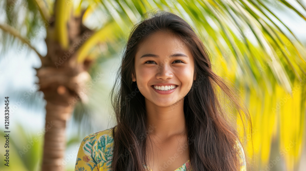 cheerful woman smiles brightly in tropical setting with palm trees. Her long hair flows gently in breeze, creating warm and inviting atmosphere cheerful woman smiles brightly in tropical setting with palm trees. Her long hair flows gently in breeze, creating warm and inviting atmosphere