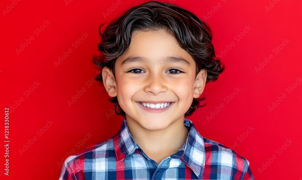 Happy boy red background portrait, childhood joy Happy boy red background portrait, childhood joy