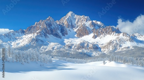 Wallpaper Mural Majestic snow-capped mountain peak under a vibrant blue sky, with a pristine snowy foreground and snow covered trees. Torontodigital.ca
