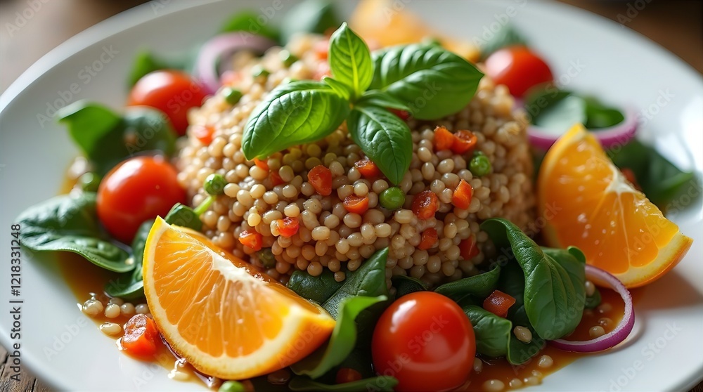 Delicious and Healthy Couscous Salad with Orange, Spinach, and Cherry Tomatoes: Vibrant Mediterranean Cuisine Recipe Delicious and Healthy Couscous Salad with Orange, Spinach, and Cherry Tomatoes: Vibrant Mediterranean Cuisine Recipe