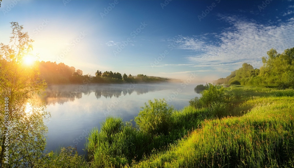 Naklejka premium Bright summer morning by the riverside. Generated image