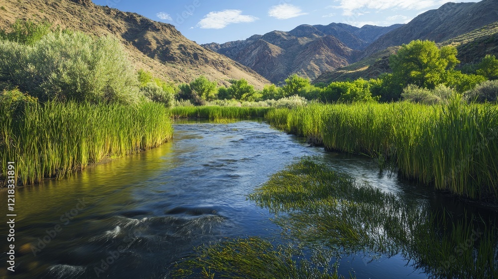 Fototapeta premium Swamp with reed in mountain vector cartoon landscape. Lake water near grass shore with bulrush in Japan illustration. Calm stream near willow game environment terrain for sunny day panoramic view