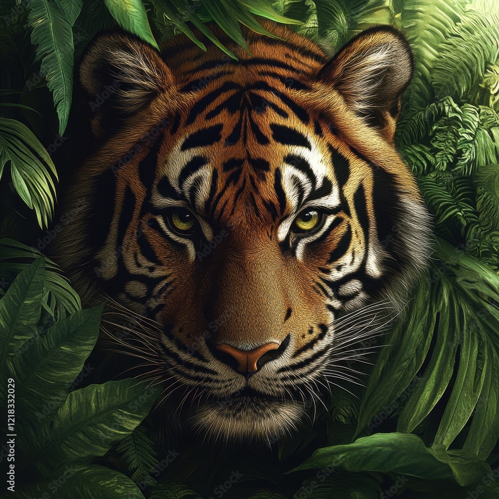 Fototapeta premium Majestic Tiger Gazing Through Lush Jungle Foliage Captures the Essence of Wildlife