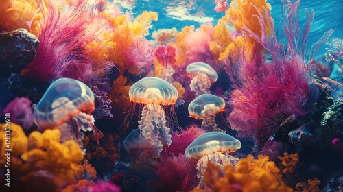 Vibrant Underwater Paradise: Jellyfish and Coral Reef photo