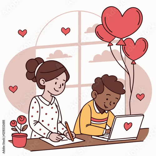 Valentine day girl and boy working
