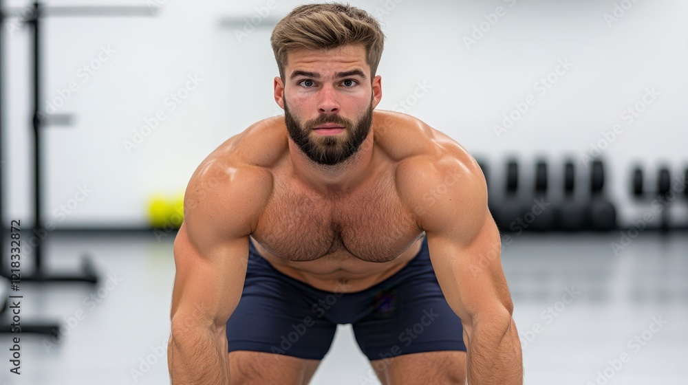 Fototapeta premium Athletic Man Preparing for Weightlifting Session in Modern Gym