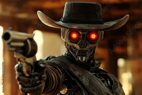 Robotic Cowboy Gunslinger Aims Revolver in Wild West Setting.
