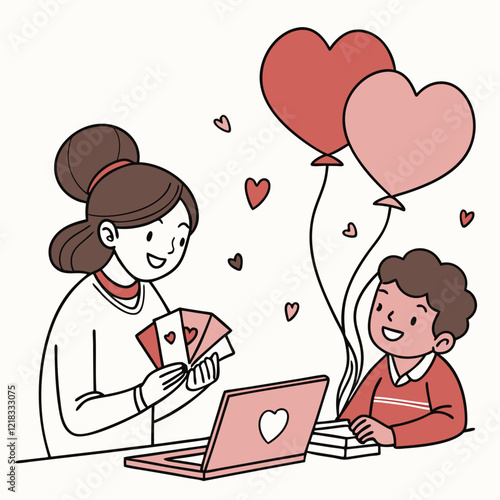 Valentine day girl and boy working