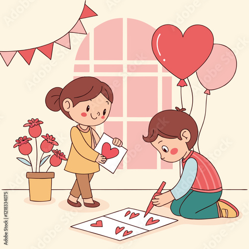 Valentine day girl and boy working
