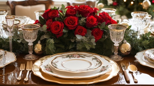 Elegant Christmas Dinner Table Setting with Red Roses photo