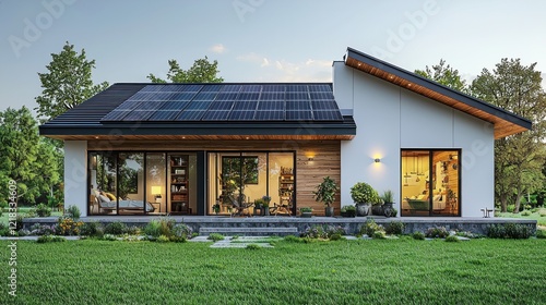 Modern house with solar panels in nature, evening, for sustainable living.