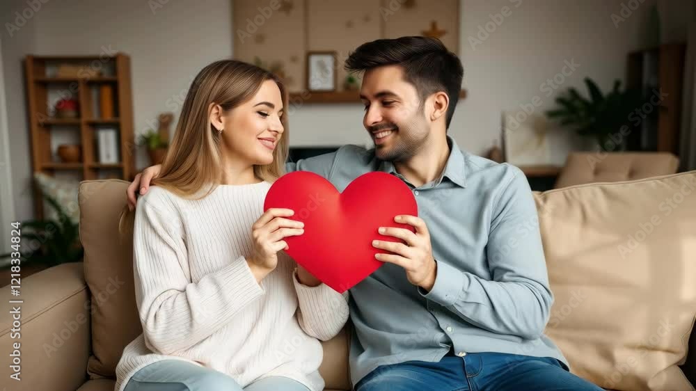 Romantic Couple Sharing a Heart: A symbol of love and togetherness, captured in a cozy living room setting. Romantic Couple Sharing a Heart: A symbol of love and togetherness, captured in a cozy living room setting.