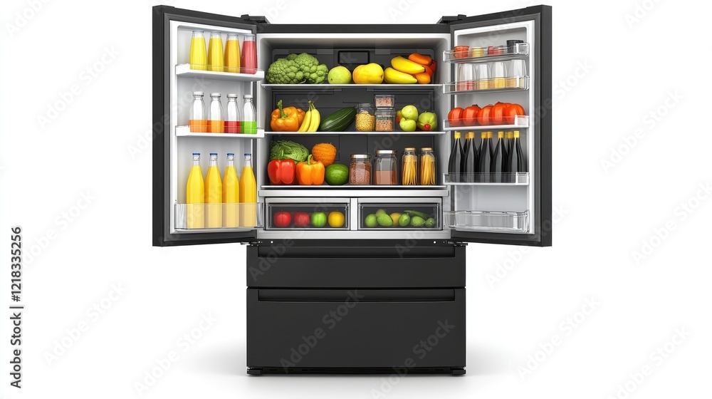 A bright two-door refrigerator with neatly arranged fruits, vegetables, juices, and condiments, viewed from the front. A bright two-door refrigerator with neatly arranged fruits, vegetables, juices, and condiments, viewed from the front.