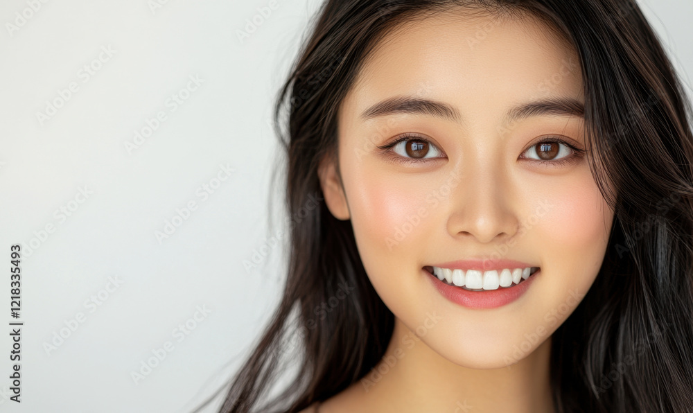 close up portrait of young woman with long dark hair, smiling brightly. Her skin is smooth and radiant, showcasing natural beauty and confidence close up portrait of young woman with long dark hair, smiling brightly. Her skin is smooth and radiant, showcasing natural beauty and confidence