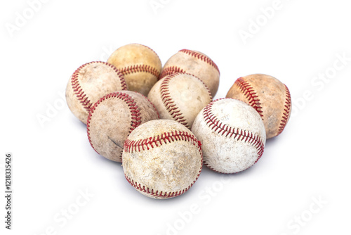 Photography Group of old worn real baseball leather balls for play and training isolated on white background