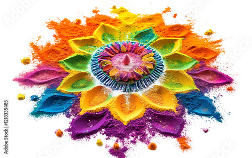 A Colorful Rangoli Design Made Entirely of Holi Powder Isolated on transparent background.