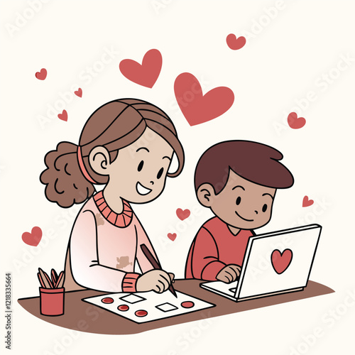 Valentine day girl and boy working