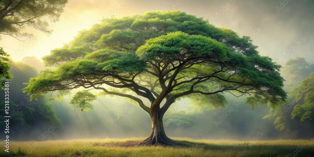 Majestic Tree in a Misty Dawn A Serene Landscape of Nature's Beauty Majestic Tree in a Misty Dawn A Serene Landscape of Nature's Beauty