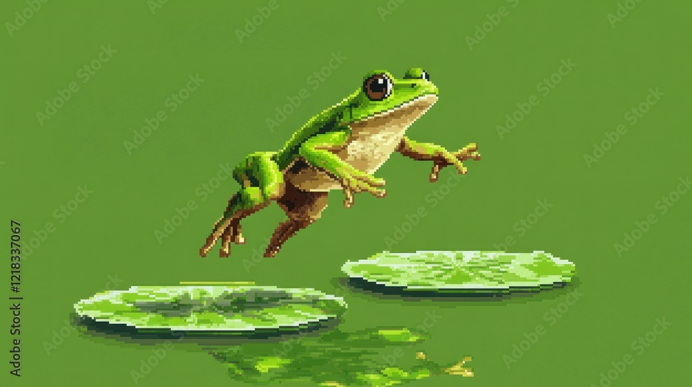 Frog leaping between lily pads, green background, nature illustration, for kids' books Frog leaping between lily pads, green background, nature illustration, for kids' books