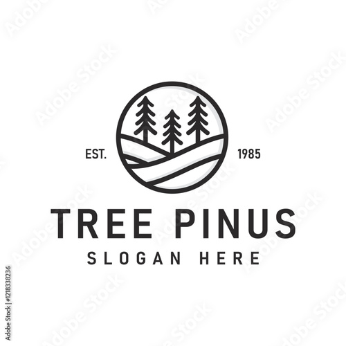 Silhouette Three Pine Trees Similar to Spruce. Wavy Hills Forest Classic Vintage Logo Design Line Art Vector Design