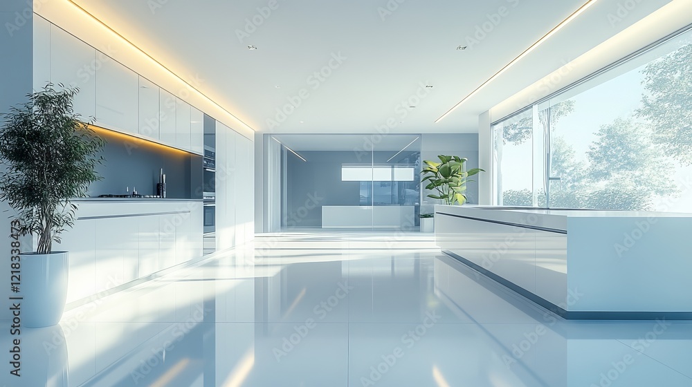 Fototapeta premium Contemporary Kitchen Design Featuring Spacious Layout and Central Large Plant Adding a Touch of Nature and Freshness Creating a Welcoming Atmosphere for Cooking and Social Gatherings in Modern Home