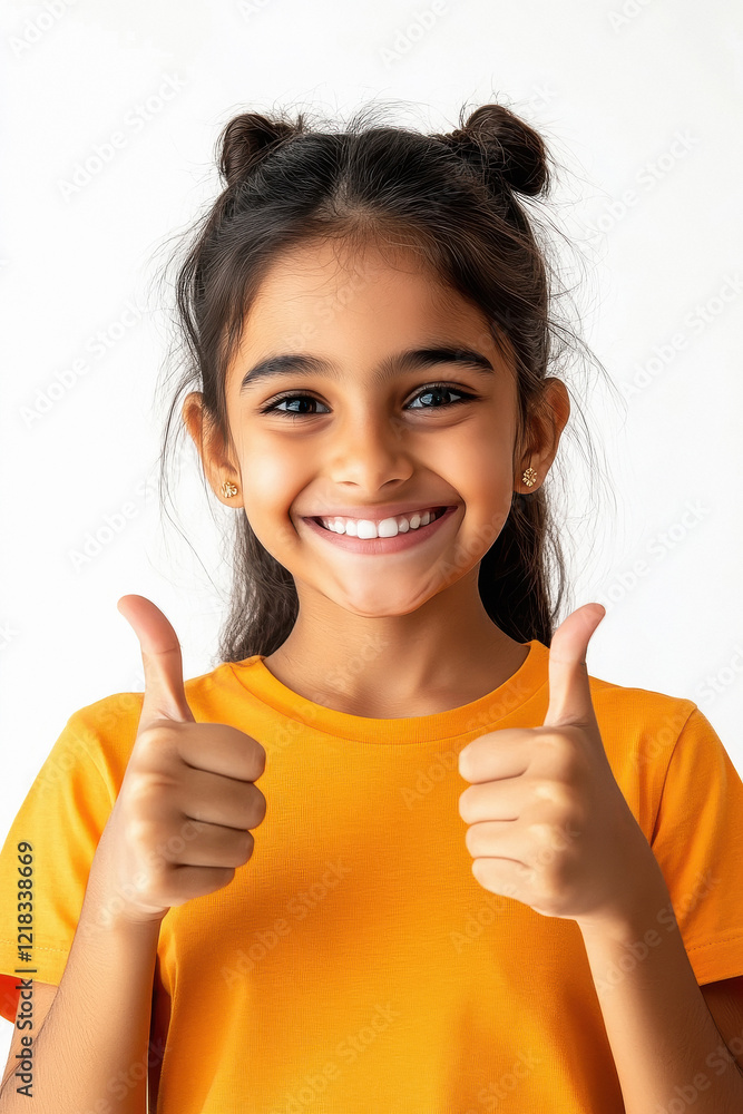 cheerful indian girl giving a double thumbs-up, wearing a orange T-shirt, sharp details, plain white background cheerful indian girl giving a double thumbs-up, wearing a orange T-shirt, sharp details, plain white background