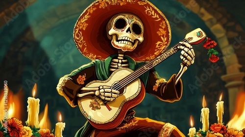 Dia de los muertos cartoon banner, Mexican Day of the dead skeleton mariachi musician character with maracas, holiday sugar skulls, crosses, flower wreath and burning candles, vector illustration