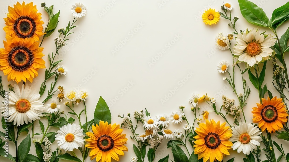 Fototapeta premium Delicate Arrangement of Yellow and White Flowers on a Crisp White Background Evokes a Fresh and Cheerful Atmosphere Perfect for Spring Celebrations and Floral Themed Designs and Decorations