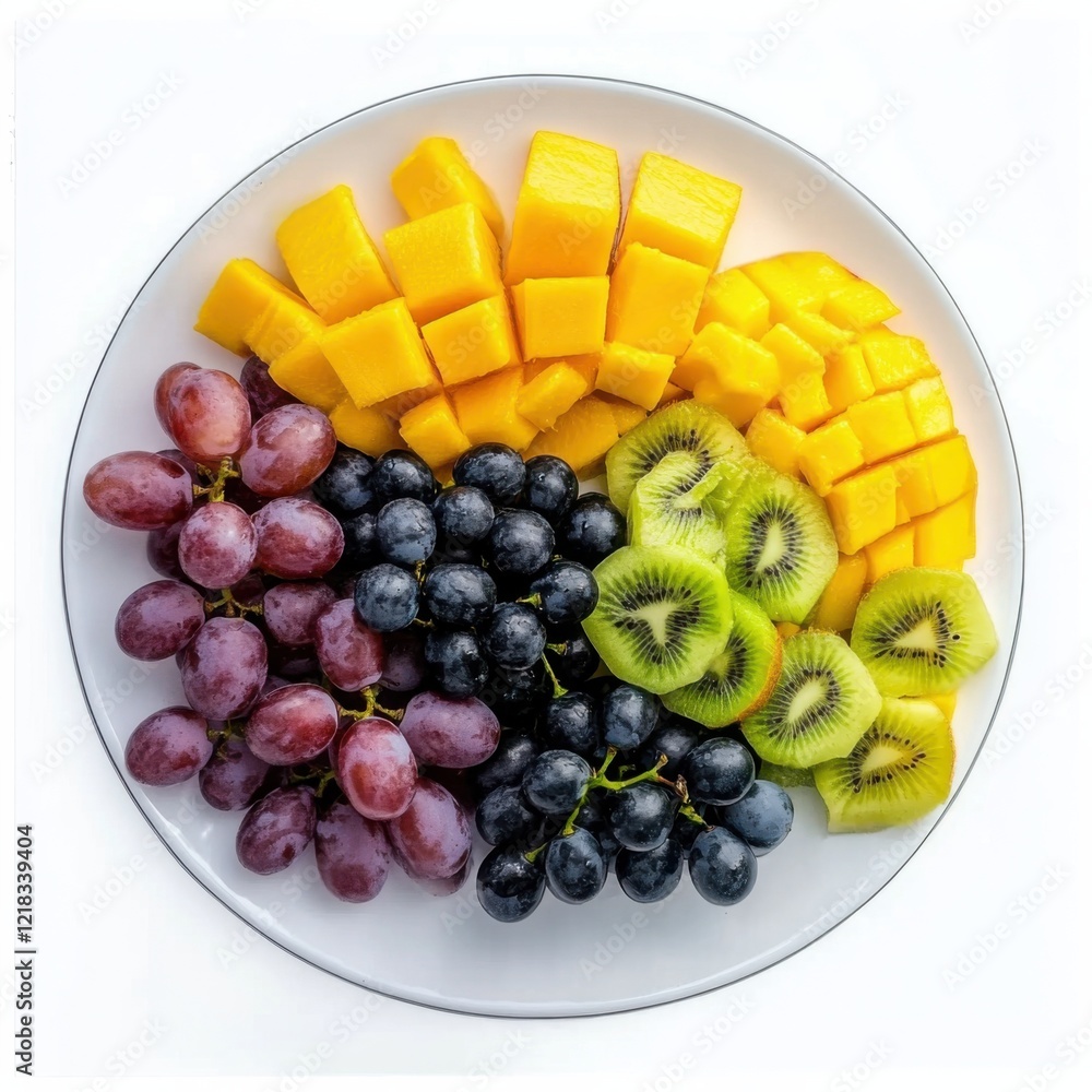 A colorful fruit platter with mango, grapes, and kiwi A colorful fruit platter with mango, grapes, and kiwi