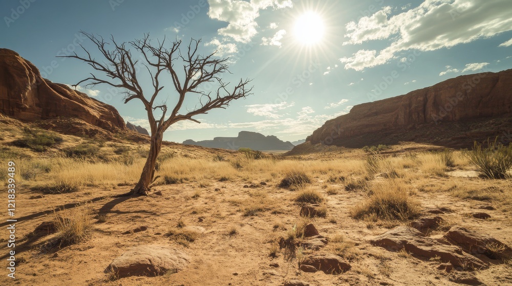 Arizona desert landscape with brown rock, sand dune hills, green cactus and grass, dry tree on bright sun light day. Cartoon vector illustration of drought sandy scenery with wild cacti and grass. Arizona desert landscape with brown rock, sand dune hills, green cactus and grass, dry tree on bright sun light day. Cartoon vector illustration of drought sandy scenery with wild cacti and grass.