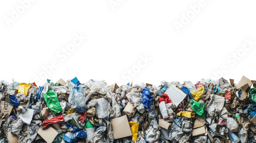 A colorful heap of recyclable waste materials, showcasing plastic, paper, and metal items in a mixed composition against a white background.