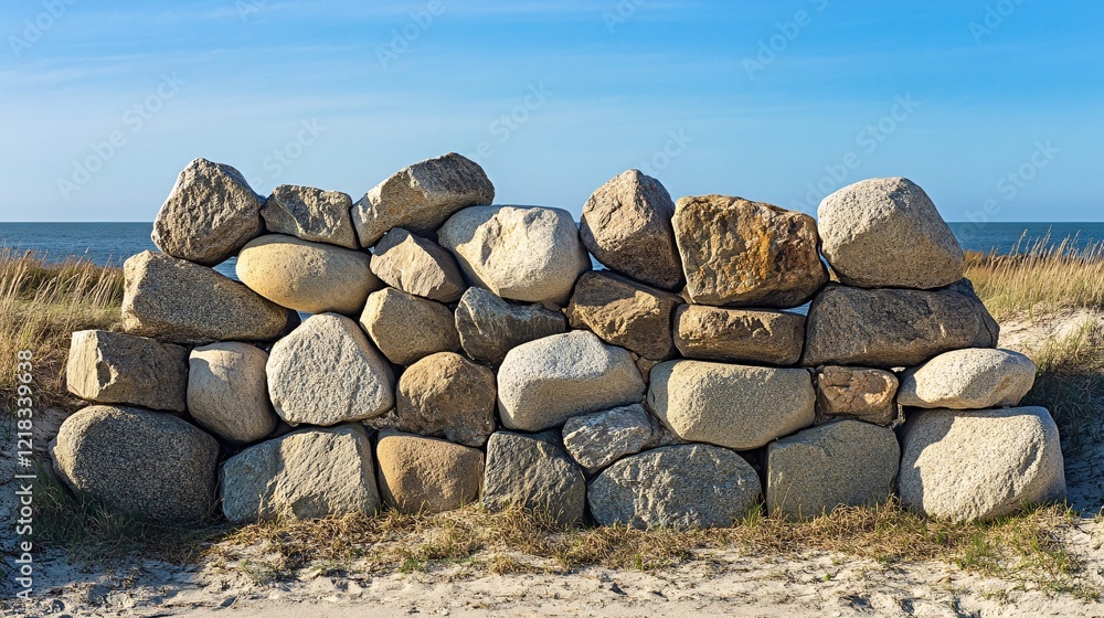 Stacked boulders create a low stone wall by the shore Stacked boulders create a low stone wall by the shore
