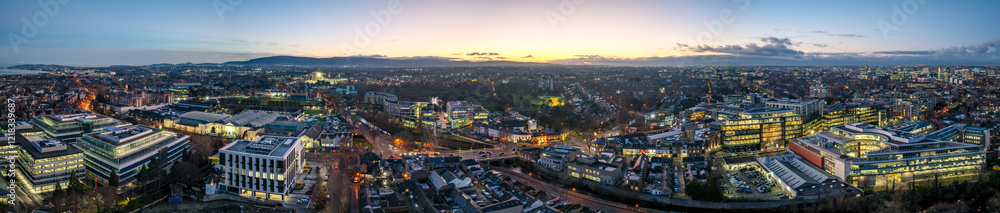 Fototapeta premium Panoramic, aerial view of Ballsbridge at sunset, Dublin, Ireland