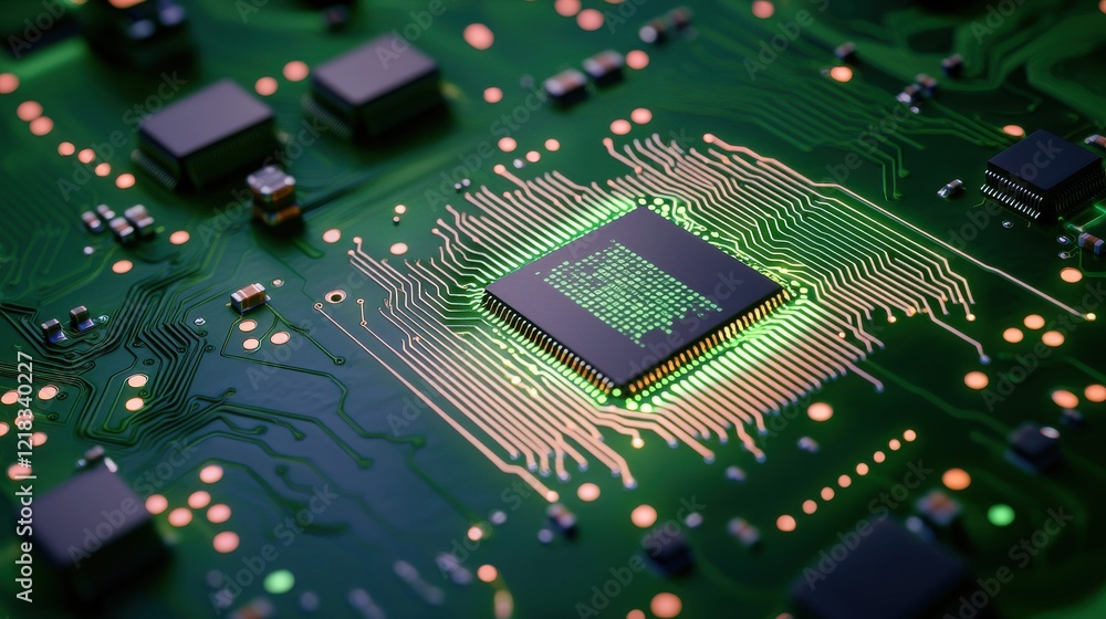 Obraz premium Futuristic biochip technology closeup advanced circuit design clinical environment sleek aesthetic -tech innovation