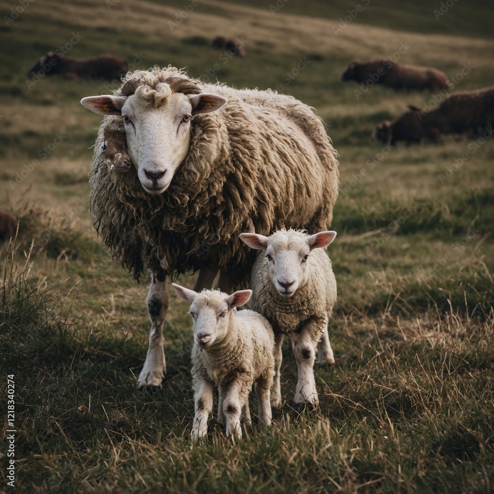 Obraz premium A mother sheep and her lamb walking together.