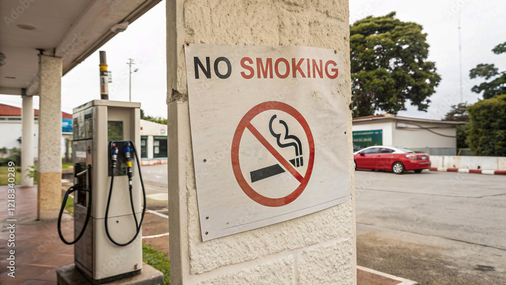 Fototapeta premium gas station with a visible 'No Smoking' sign, highlighting the importance of safety measures in areas with flammable substances.