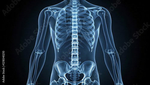 detailed X-ray image of the human skeletal system highlighting the spine and pelvis.