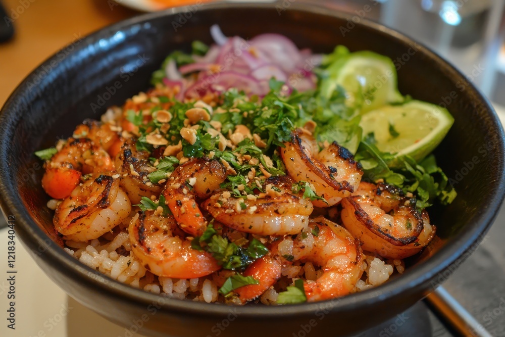 Grilled shrimp rice bowl with herbs, peanuts, and lime. Perfect for restaurant menus, food blogs, or healthy eating content. Grilled shrimp rice bowl with herbs, peanuts, and lime. Perfect for restaurant menus, food blogs, or healthy eating content.
