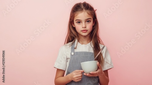 Girl holding bowl, studio pink background, cooking, food prep photo