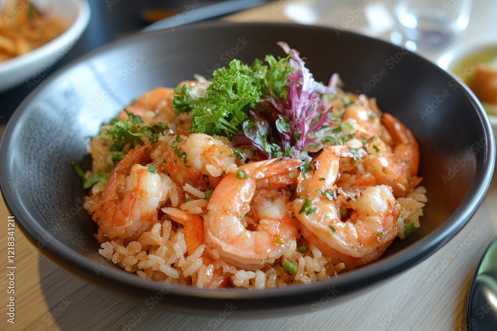 Delicious shrimp and rice dish, garnished with herbs. Perfect for restaurant menus, food blogs, or culinary websites. Delicious shrimp and rice dish, garnished with herbs. Perfect for restaurant menus, food blogs, or culinary websites.