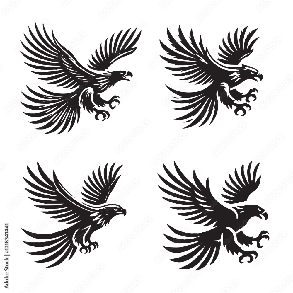 4 set of black Vector Silhouette of the Flying Golden Eagle Isolated on White Background 4 set of black Vector Silhouette of the Flying Golden Eagle Isolated on White Background