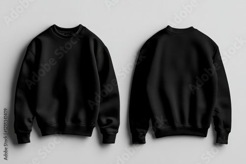 Black Crew Neck Sweatshirt Mockup:  A minimalist mockup showcasing a black crew neck sweatshirt, presented from both front and back angles. Ideal for showcasing designs, branding.
