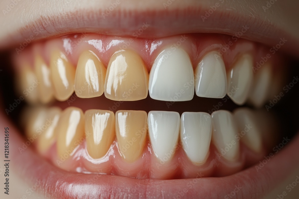 Fototapeta premium Close-up of teeth, showing before & after whitening. Illustrates the effectiveness of teeth whitening treatments.