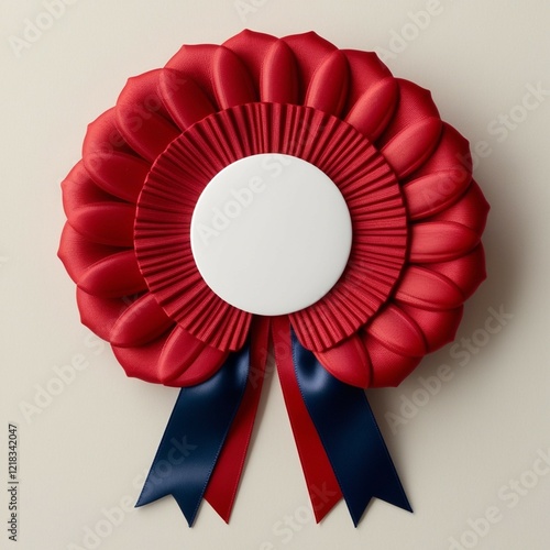 Red rosette badge with a blank white circular center and two blue ribbon tails, ideal for awards, certificates, or decorative purposes.