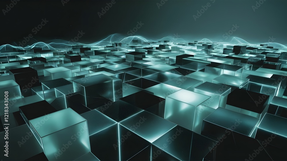 Fototapeta premium Abstract Teal and Black Cubes Futuristic Digital Landscape