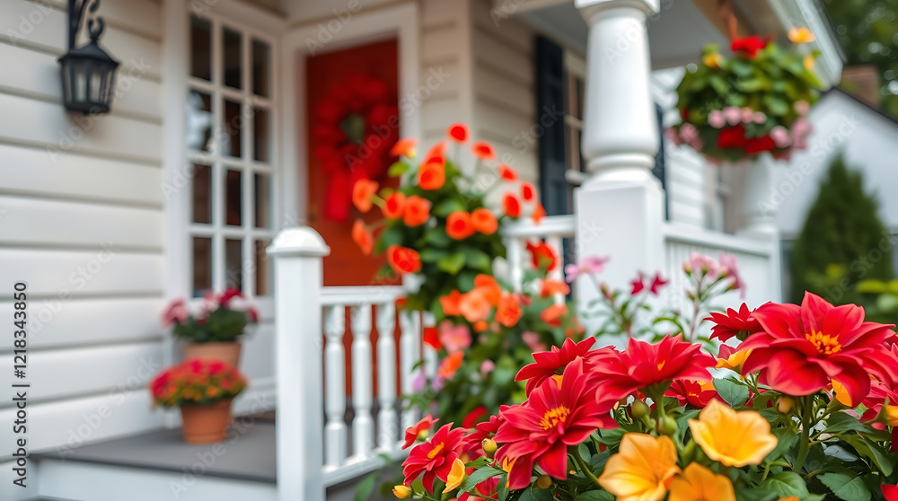 Naklejka premium Charming Red Door Home with Vibrant Flower Planters and White Porch. A picturesque scene of a cozy house exterior with blooming flowers adding to its curb appeal.