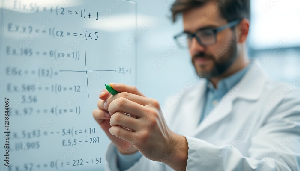 Focused Male Scientist Writing Equations on Glass Board Solving Complex Mathematical Problems in a Modern Laboratory Setting Research Science Focused Male Scientist Writing Equations on Glass Board Solving Complex Mathematical Problems in a Modern Laboratory Setting Research Science