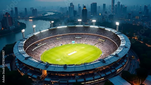 A cricket stadium with lights on at night with city buildings in the background