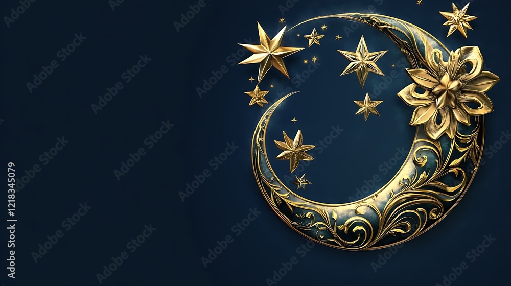 Ornate Golden Crescent Moon With Stars And Flower Ornate Golden Crescent Moon With Stars And Flower