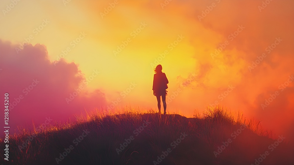 woman silhouetted against vibrant sunset woman silhouetted against vibrant sunset